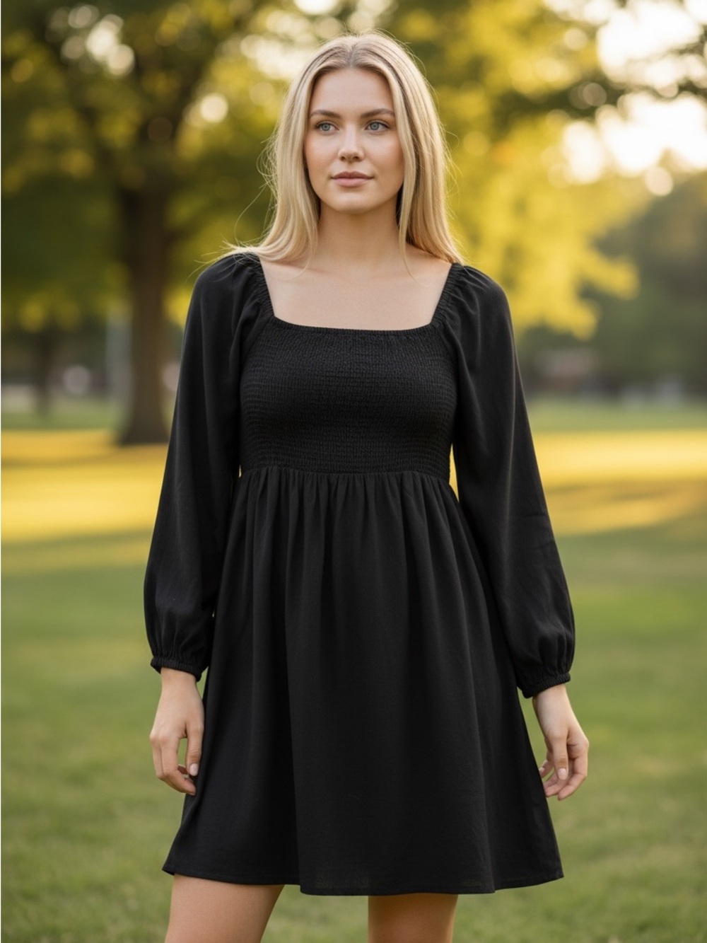 Old Navy Black Smocked Square-Neck Long Sleeve Dress